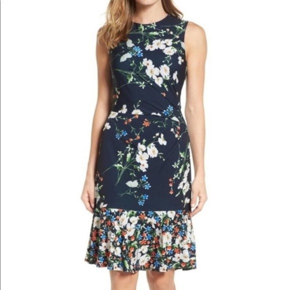 Eliza J Floral Dress Sleeveless Flounce Hem Jersey Knit Side Ruched Size 4